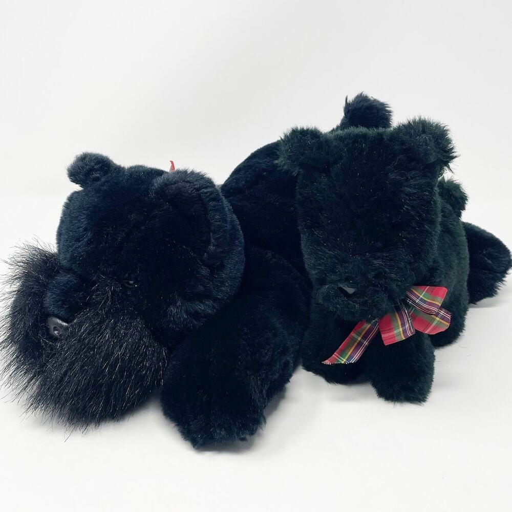 Vintage Aurora Black‎ Scottie Terrier Dog Puppy Plush Lot of 2 Softsheen Red Bow